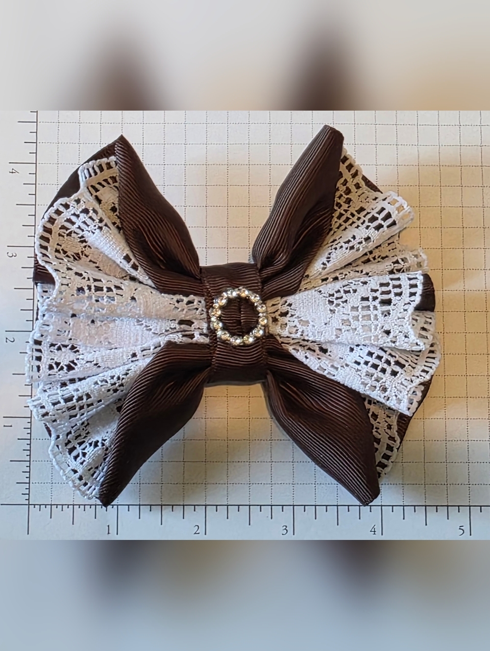 Brown Ribbon and White Lace Hair Bow with Rhinestone Accent
